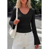image:imagePRETTYGARDEN Women 2026 Fall Long Bell Sleeve Shirts Ribbed V Neck Fitted Ruched Trendy Y2K Going Out Tee Tops Summer ClothesBlack