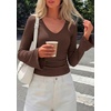 image:imagePRETTYGARDEN Women 2026 Fall Long Bell Sleeve Shirts Ribbed V Neck Fitted Ruched Trendy Y2K Going Out Tee Tops Summer ClothesBrown