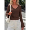 image:imagePRETTYGARDEN Women 2026 Fall Long Bell Sleeve Shirts Ribbed V Neck Fitted Ruched Trendy Y2K Going Out Tee Tops Summer ClothesBrown