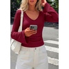 image:imagePRETTYGARDEN Women 2026 Fall Long Bell Sleeve Shirts Ribbed V Neck Fitted Ruched Trendy Y2K Going Out Tee Tops Summer ClothesBurgundy