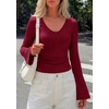 image:imagePRETTYGARDEN Women 2026 Fall Long Bell Sleeve Shirts Ribbed V Neck Fitted Ruched Trendy Y2K Going Out Tee Tops Summer ClothesBurgundy