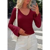 image:imagePRETTYGARDEN Women 2026 Fall Long Bell Sleeve Shirts Ribbed V Neck Fitted Ruched Trendy Y2K Going Out Tee Tops Summer ClothesBurgundy