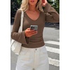 image:imagePRETTYGARDEN Women 2026 Fall Long Bell Sleeve Shirts Ribbed V Neck Fitted Ruched Trendy Y2K Going Out Tee Tops Summer ClothesCoffee