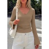 image:imagePRETTYGARDEN Women 2026 Fall Long Bell Sleeve Shirts Ribbed V Neck Fitted Ruched Trendy Y2K Going Out Tee Tops Summer ClothesLight Brown