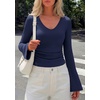 image:imagePRETTYGARDEN Women 2026 Fall Long Bell Sleeve Shirts Ribbed V Neck Fitted Ruched Trendy Y2K Going Out Tee Tops Summer ClothesNavy Blue