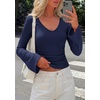 image:imagePRETTYGARDEN Women 2026 Fall Long Bell Sleeve Shirts Ribbed V Neck Fitted Ruched Trendy Y2K Going Out Tee Tops Summer ClothesNavy Blue