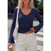 image:imagePRETTYGARDEN Women 2026 Fall Long Bell Sleeve Shirts Ribbed V Neck Fitted Ruched Trendy Y2K Going Out Tee Tops Summer ClothesNavy Blue