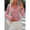 image:imagePRETTYGARDEN Women 2026 Fall Long Bell Sleeve Shirts Ribbed V Neck Fitted Ruched Trendy Y2K Going Out Tee Tops Summer ClothesPink