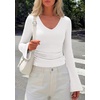 image:imagePRETTYGARDEN Women 2026 Fall Long Bell Sleeve Shirts Ribbed V Neck Fitted Ruched Trendy Y2K Going Out Tee Tops Summer ClothesWhite