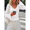 image:imagePRETTYGARDEN Women 2026 Fall Long Bell Sleeve Shirts Ribbed V Neck Fitted Ruched Trendy Y2K Going Out Tee Tops Summer ClothesWhite