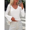 image:imagePRETTYGARDEN Women 2026 Fall Long Bell Sleeve Shirts Ribbed V Neck Fitted Ruched Trendy Y2K Going Out Tee Tops Summer ClothesWhite
