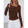 image:imagePRETTYGARDEN Womens 2026 Long Sleeve T Shirts Asymmetrical Y2K Slim Fitted Going Out Trendy Tops Early Fall Fashion ClothingBrown