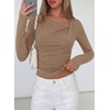image:imagePRETTYGARDEN Womens 2026 Long Sleeve T Shirts Asymmetrical Y2K Slim Fitted Going Out Trendy Tops Early Fall Fashion ClothingKhaki