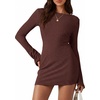 image:imagePRETTYGARDEN Womens Fall Bell Long Sleeve Mini Dress 2026 Casual Boat Neck Ribbed Bodycon Short Party Cocktail DressesBrown
