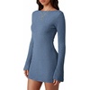 image:imagePRETTYGARDEN Womens Fall Bell Long Sleeve Mini Dress 2026 Casual Boat Neck Ribbed Bodycon Short Party Cocktail DressesGrey Blue