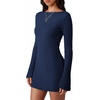 image:imagePRETTYGARDEN Womens Fall Bell Long Sleeve Mini Dress 2026 Casual Boat Neck Ribbed Bodycon Short Party Cocktail DressesNavy