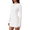 image:imagePRETTYGARDEN Womens Fall Bell Long Sleeve Mini Dress 2026 Casual Boat Neck Ribbed Bodycon Short Party Cocktail DressesWhite