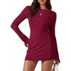 image:imagePRETTYGARDEN Womens Fall Bell Long Sleeve Mini Dress 2026 Casual Boat Neck Ribbed Bodycon Short Party Cocktail DressesWine Red