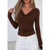 image:imagePRETTYGARDEN Womens Long Sleeve Shirts 2026 Fall Outfits Cowl Neck Ruched Slim Fitted Going Out Tops Y2K Fashion ClothingBrown