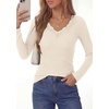 image:imagePRETTYGARDEN Womens Long Sleeve Shirts Lace Trim V Neck Ribbed Slim Fitted Basic Tees Y2K Going Out Tops 2026 Fall ClothesBeige