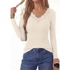 image:imagePRETTYGARDEN Womens Long Sleeve Shirts Lace Trim V Neck Ribbed Slim Fitted Basic Tees Y2K Going Out Tops 2026 Fall ClothesBeige