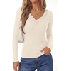 image:imagePRETTYGARDEN Womens Long Sleeve Shirts Lace Trim V Neck Ribbed Slim Fitted Basic Tees Y2K Going Out Tops 2026 Fall ClothesBeige