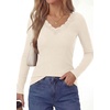 image:imagePRETTYGARDEN Womens Long Sleeve Shirts Lace Trim V Neck Ribbed Slim Fitted Basic Tees Y2K Going Out Tops 2026 Fall ClothesBeige