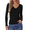 image:imagePRETTYGARDEN Womens Long Sleeve Shirts Lace Trim V Neck Ribbed Slim Fitted Basic Tees Y2K Going Out Tops 2026 Fall ClothesBlack