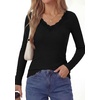 image:imagePRETTYGARDEN Womens Long Sleeve Shirts Lace Trim V Neck Ribbed Slim Fitted Basic Tees Y2K Going Out Tops 2026 Fall ClothesBlack