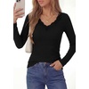 image:imagePRETTYGARDEN Womens Long Sleeve Shirts Lace Trim V Neck Ribbed Slim Fitted Basic Tees Y2K Going Out Tops 2026 Fall ClothesBlack