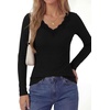 image:imagePRETTYGARDEN Womens Long Sleeve Shirts Lace Trim V Neck Ribbed Slim Fitted Basic Tees Y2K Going Out Tops 2026 Fall ClothesBlack