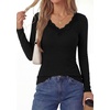 image:imagePRETTYGARDEN Womens Long Sleeve Shirts Lace Trim V Neck Ribbed Slim Fitted Basic Tees Y2K Going Out Tops 2026 Fall ClothesBlack