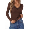 image:imagePRETTYGARDEN Womens Long Sleeve Shirts Lace Trim V Neck Ribbed Slim Fitted Basic Tees Y2K Going Out Tops 2026 Fall ClothesBrown
