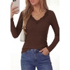 image:imagePRETTYGARDEN Womens Long Sleeve Shirts Lace Trim V Neck Ribbed Slim Fitted Basic Tees Y2K Going Out Tops 2026 Fall ClothesBrown