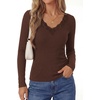 image:imagePRETTYGARDEN Womens Long Sleeve Shirts Lace Trim V Neck Ribbed Slim Fitted Basic Tees Y2K Going Out Tops 2026 Fall ClothesBrown