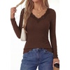 image:imagePRETTYGARDEN Womens Long Sleeve Shirts Lace Trim V Neck Ribbed Slim Fitted Basic Tees Y2K Going Out Tops 2026 Fall ClothesBrown