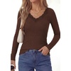image:imagePRETTYGARDEN Womens Long Sleeve Shirts Lace Trim V Neck Ribbed Slim Fitted Basic Tees Y2K Going Out Tops 2026 Fall ClothesBrown