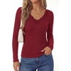 image:imagePRETTYGARDEN Womens Long Sleeve Shirts Lace Trim V Neck Ribbed Slim Fitted Basic Tees Y2K Going Out Tops 2026 Fall ClothesBurgundy