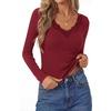 image:imagePRETTYGARDEN Womens Long Sleeve Shirts Lace Trim V Neck Ribbed Slim Fitted Basic Tees Y2K Going Out Tops 2026 Fall ClothesBurgundy