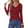 image:imagePRETTYGARDEN Womens Long Sleeve Shirts Lace Trim V Neck Ribbed Slim Fitted Basic Tees Y2K Going Out Tops 2026 Fall ClothesBurgundy