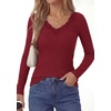 image:imagePRETTYGARDEN Womens Long Sleeve Shirts Lace Trim V Neck Ribbed Slim Fitted Basic Tees Y2K Going Out Tops 2026 Fall ClothesBurgundy