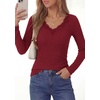 image:imagePRETTYGARDEN Womens Long Sleeve Shirts Lace Trim V Neck Ribbed Slim Fitted Basic Tees Y2K Going Out Tops 2026 Fall ClothesBurgundy