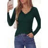 image:imagePRETTYGARDEN Womens Long Sleeve Shirts Lace Trim V Neck Ribbed Slim Fitted Basic Tees Y2K Going Out Tops 2026 Fall ClothesDark Green
