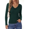 image:imagePRETTYGARDEN Womens Long Sleeve Shirts Lace Trim V Neck Ribbed Slim Fitted Basic Tees Y2K Going Out Tops 2026 Fall ClothesDark Green