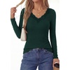 image:imagePRETTYGARDEN Womens Long Sleeve Shirts Lace Trim V Neck Ribbed Slim Fitted Basic Tees Y2K Going Out Tops 2026 Fall ClothesDark Green