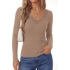 image:imagePRETTYGARDEN Womens Long Sleeve Shirts Lace Trim V Neck Ribbed Slim Fitted Basic Tees Y2K Going Out Tops 2026 Fall ClothesKhaki