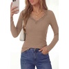 image:imagePRETTYGARDEN Womens Long Sleeve Shirts Lace Trim V Neck Ribbed Slim Fitted Basic Tees Y2K Going Out Tops 2026 Fall ClothesKhaki