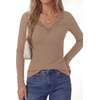 image:imagePRETTYGARDEN Womens Long Sleeve Shirts Lace Trim V Neck Ribbed Slim Fitted Basic Tees Y2K Going Out Tops 2026 Fall ClothesKhaki