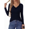 image:imagePRETTYGARDEN Womens Long Sleeve Shirts Lace Trim V Neck Ribbed Slim Fitted Basic Tees Y2K Going Out Tops 2026 Fall ClothesNavy Blue