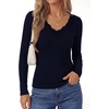 image:imagePRETTYGARDEN Womens Long Sleeve Shirts Lace Trim V Neck Ribbed Slim Fitted Basic Tees Y2K Going Out Tops 2026 Fall ClothesNavy Blue